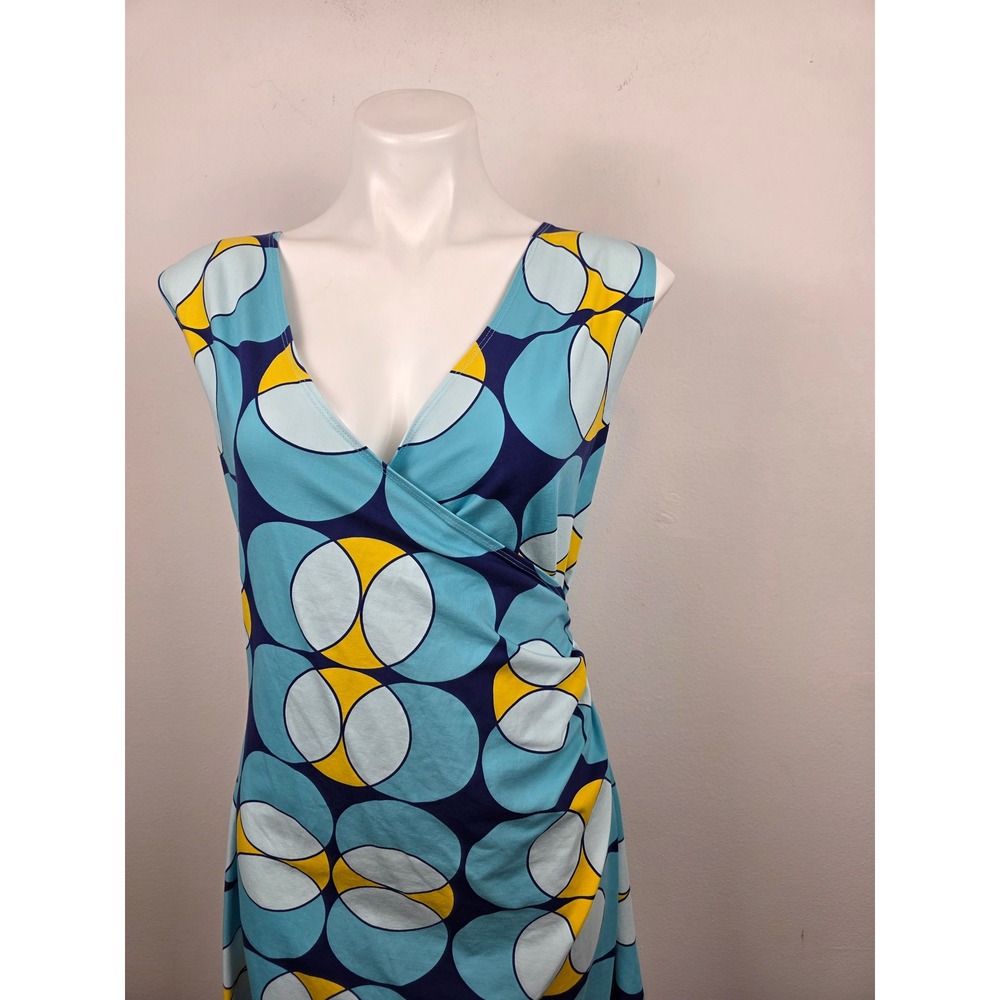 Lesley Evers Blue Yellow Geometric Circle Faux Wrap Ruched Sleeveless Dress 1X - Picture 4 of 8